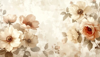 Vintage floral wallpaper in beige tones, antique botanical style