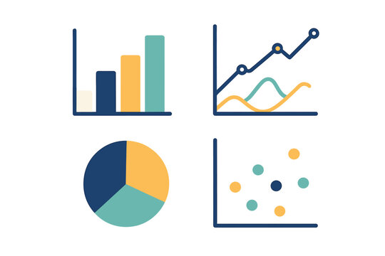 Visual representations of data trends and analysis in colorful designs showcasing bar charts, line graphs, pie charts, and scatter plots