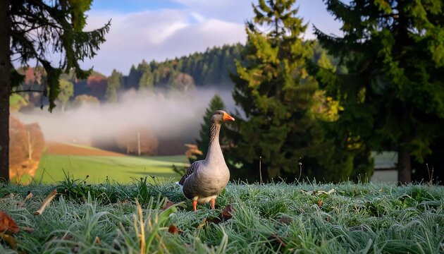 Goose stands on frost-covered grass, misty hills and bright evergreen trees behind
