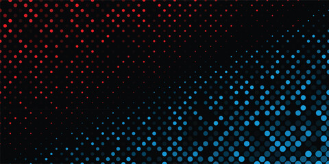 Abstract halftone background with blue and pink gradient dots on black. Modern pop art retro style design, perfect for poster, flyer, banner, or digital wallpaper.