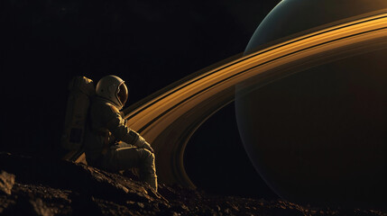 Astronaut contemplating ringed planet from an alien moon surface