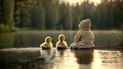 A mother and her baby sit together on a rustic dock, admiring ducks gliding across the calm lake water surrounded by lush greenery and a cloudy sky