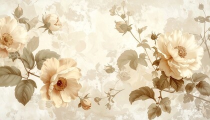 Vintage floral wallpaper in beige tones, antique botanical style