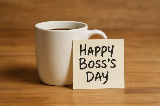Happy Boss's Day: A simple, yet heartfelt scene of a coffee mug with the message 'Happy Boss's Day' on a sticky note. A perfect morning treat. 