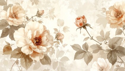 Vintage floral wallpaper in beige tones, antique botanical style