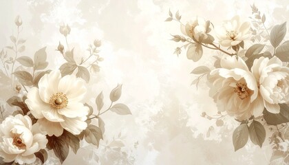 Vintage floral wallpaper in beige tones, antique botanical style