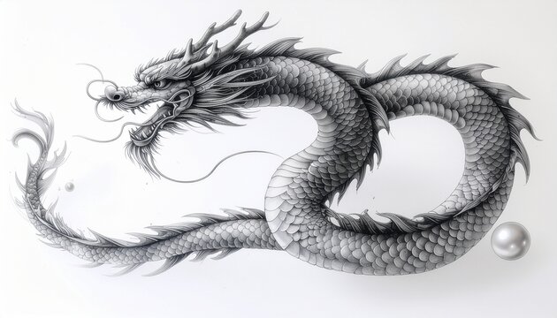 Detailed pencil drawing of a mythical Chinese dragon, coiled and poised, with intricate scales and horns.