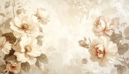 Vintage floral wallpaper in beige tones, antique botanical style