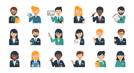 Illustration of diverse professionals in business attire holding various objects such as pens and clipboards