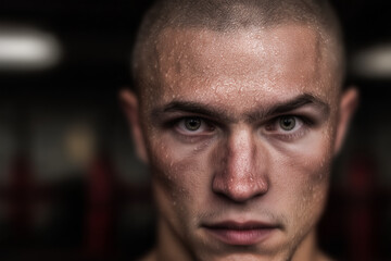 Fototapeta premium Determined male athlete, his face covered in sweat during a grueling workout in a dark gym