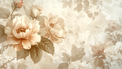 Vintage floral wallpaper in beige tones, antique botanical style
