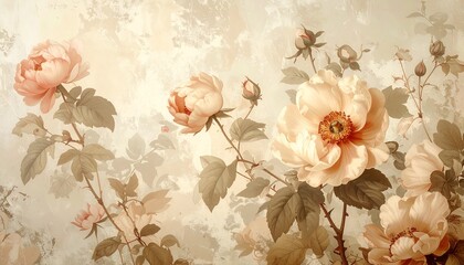 Vintage floral wallpaper in beige tones, antique botanical style