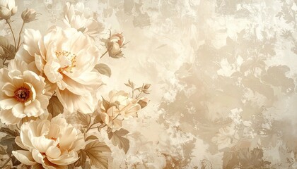 Vintage floral wallpaper in beige tones, antique botanical style