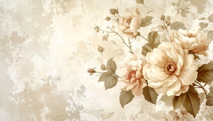 Vintage floral wallpaper in beige tones, antique botanical style