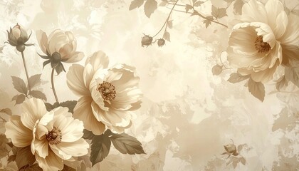 Vintage floral wallpaper in beige tones, antique botanical style