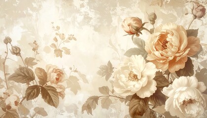 Vintage floral wallpaper in beige tones, antique botanical style