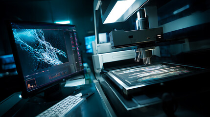 Scientific laboratory setup with computer monitoring complex data visualization and precision equipment in operation