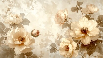 Vintage floral wallpaper in beige tones, antique botanical style