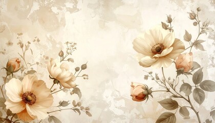 Vintage floral wallpaper in beige tones, antique botanical style