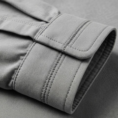 close up of fabric texture background. close up of a leather jacket. Double stitched cuff grey fabric.