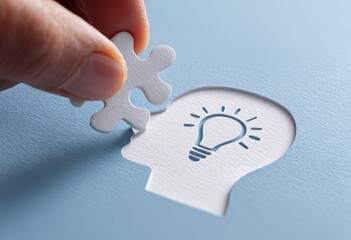 A hand places a puzzle piece into a head silhouette with a lightbulb graphic, symbolizing idea generation