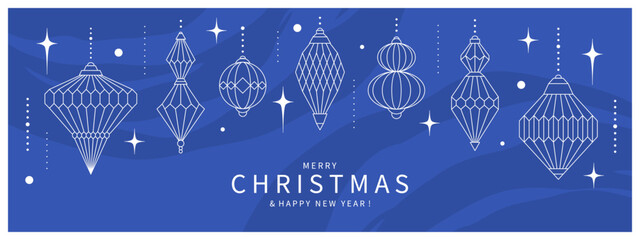 Merry Christmas greeting card. Christmas holiday geometric decorations border  on a blue background. Design banner for winter holidays.