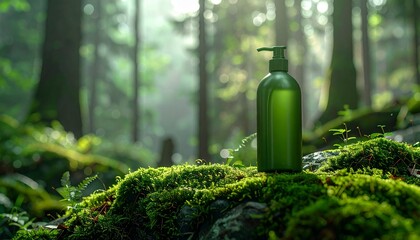 A green cosmetic pump bottle for beauty products sits on lush moss in a tranquil, sunlit forest.