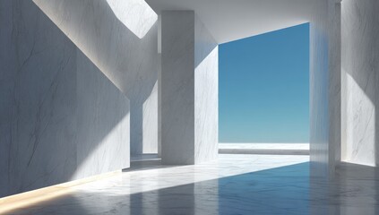 Obraz premium Light-filled, minimalist marble interior with a large window to a clear sky