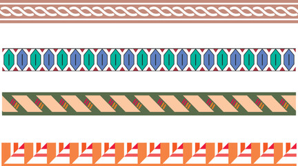 Collection of Four Decorative Borders with Diverse Patterns - Geometric, Floral, Abstract Designs, Ornaments, Frames, Isolated on White Background.