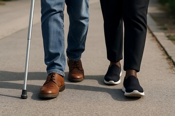 Cozy Walk: An Elderly Couple on an Unhurried Stroll. A tender depiction of an elderly couple, embracing a leisurely walk along a paved pathway.