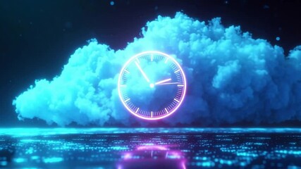 Remote work cloud platform concept featuring glowing clock, digital technology, time management, and futuristic virtual workspace for efficient - Powered by Adobe