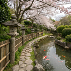 Fototapeta premium Peaceful Japanese garden in springtime, cherry blossoms blooming gracefully.
