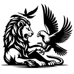 Illustration of a lion with an open mouth and an eagle perched on its paw with a bird flying above them