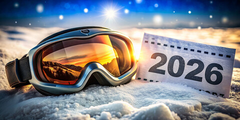 A pair of ski goggles rests on a snowy surface alongside a calendar displaying the year 2026. The sunset creates a warm glow over the winter scene, adding to the serene ambiance