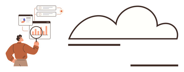 Man holding magnifying glass examining analytics charts and cloud-linked data. Ideal for cloud technology, data analysis, business growth, performance tracking, innovation, tech solutions, simple