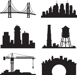 Urban cityscapes and iconic structures silhouette collection