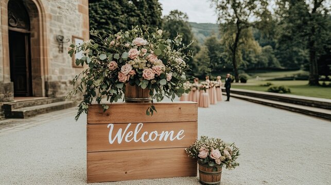 A charming wooden sign with Welcome in white cursive hangs gracefully, surrounded by lush greenery and delicate flowers, guiding guests into a beautiful outdoor wedding