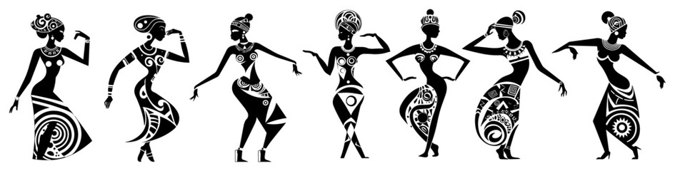 Tribal ethnic women dancing in patterned dresses – graceful African folk silhouette collection illustration