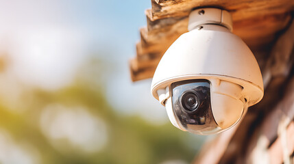 Outdoor security camera mounted under a wooden roof eave