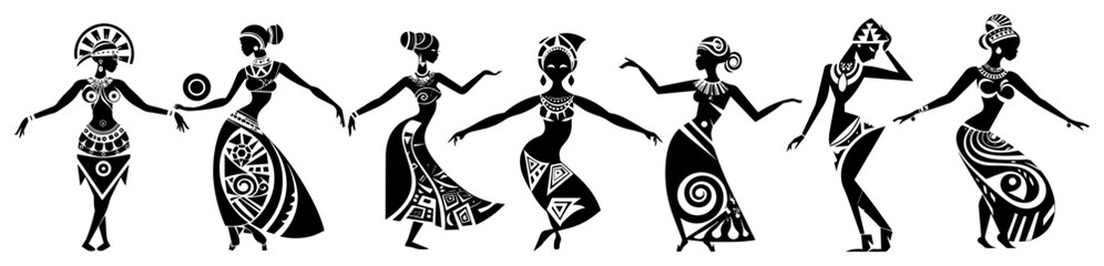 African tribal women dancing hand-in-hand in circular celebration – rhythmic folk silhouette pattern illustration