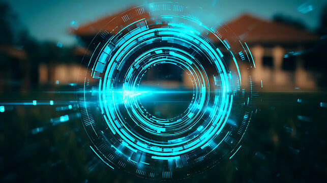 Futuristic digital interface overlay on a blurred outdoor scene with a house in the background