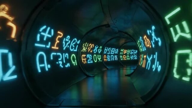 Futuristic tunnel with glowing alien symbols, representing digital data and advanced technology