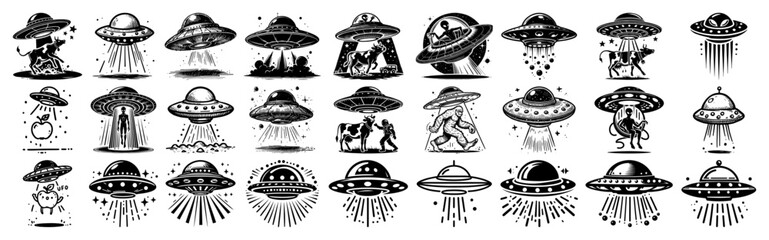 Vintage flying-saucer mega-bundle with abducting UFOs, cosmic beams and retro etching flair – versatile sci-fi alien spacecraft icon set © Luka
