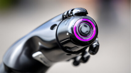 Close-up of a sleek, modern device with a purple-lit circular lens and metallic finish