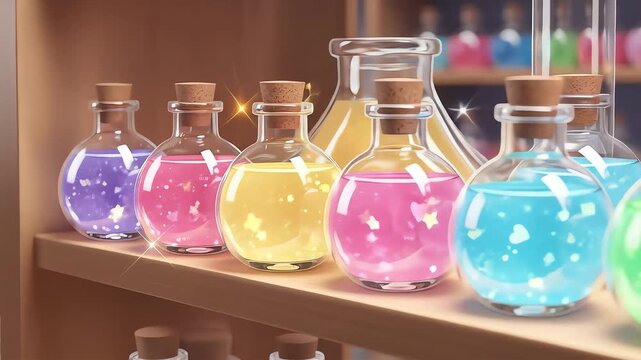 Magical Potions Animated Still Life of Colorful Elixirs on Wooden Shelves.