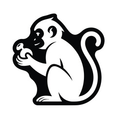 Obraz premium Black monkey silhouette sitting peacefully, eating fruit, vector design for jungle and wildlife themes