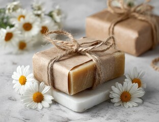 Natural soap bars wrapped in brown paper and tied with twine, surrounded by daisies