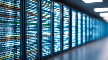 Row of illuminated server racks displaying binary code in a data center