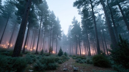 Forest Wildfire at Dusk with Glowing Flames Cinematic HDR Dramatic Lighting with Tall Trees Dark Green Undergrowth and Foggy Backdrop