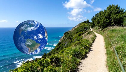 A banner design showcasing a globe the ocean and a symbolic life path